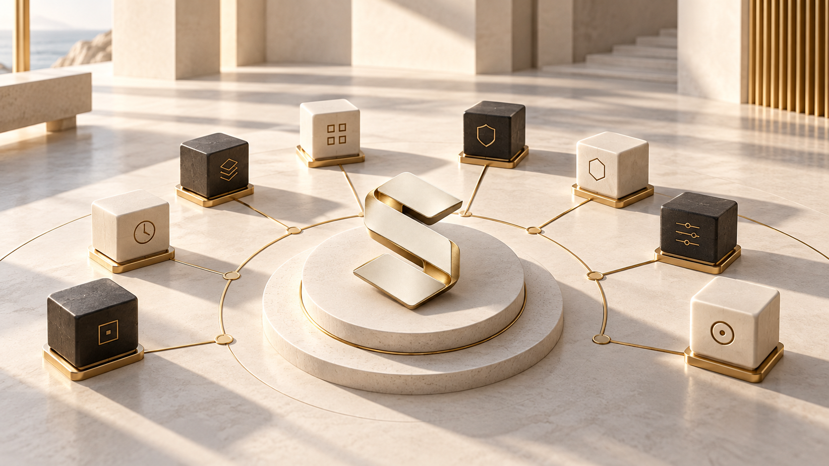An ivory architectural console with rule modules surrounding the StatutePad S emblem