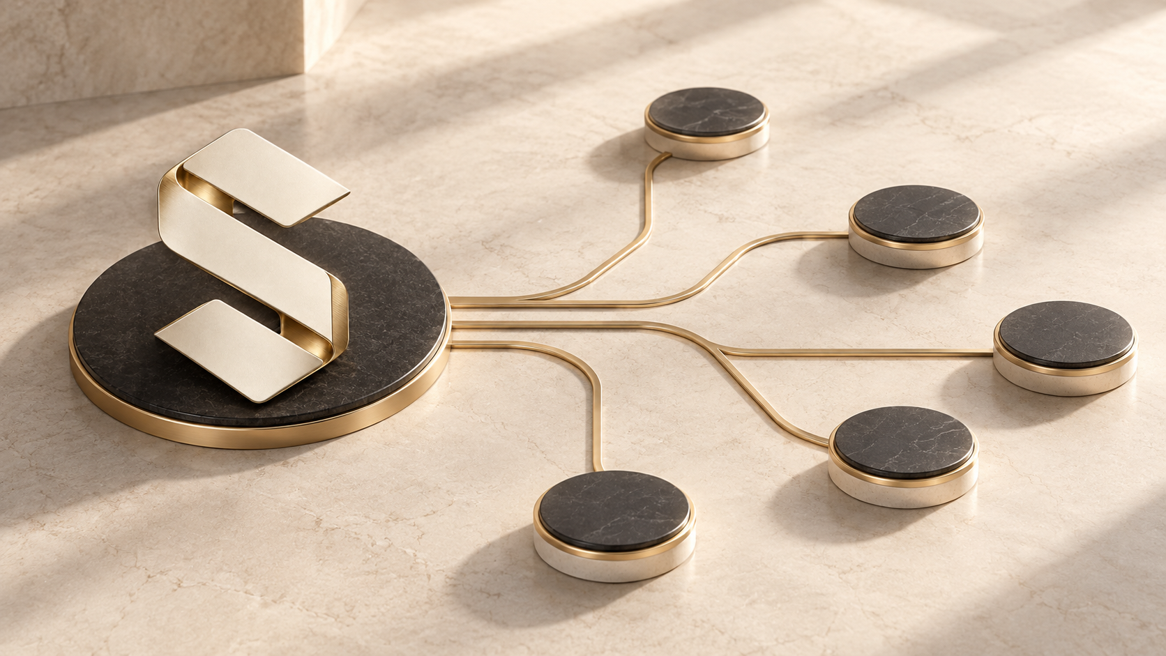 A charcoal StatutePad token connected by fine gold lines to a collection of architectural network nodes